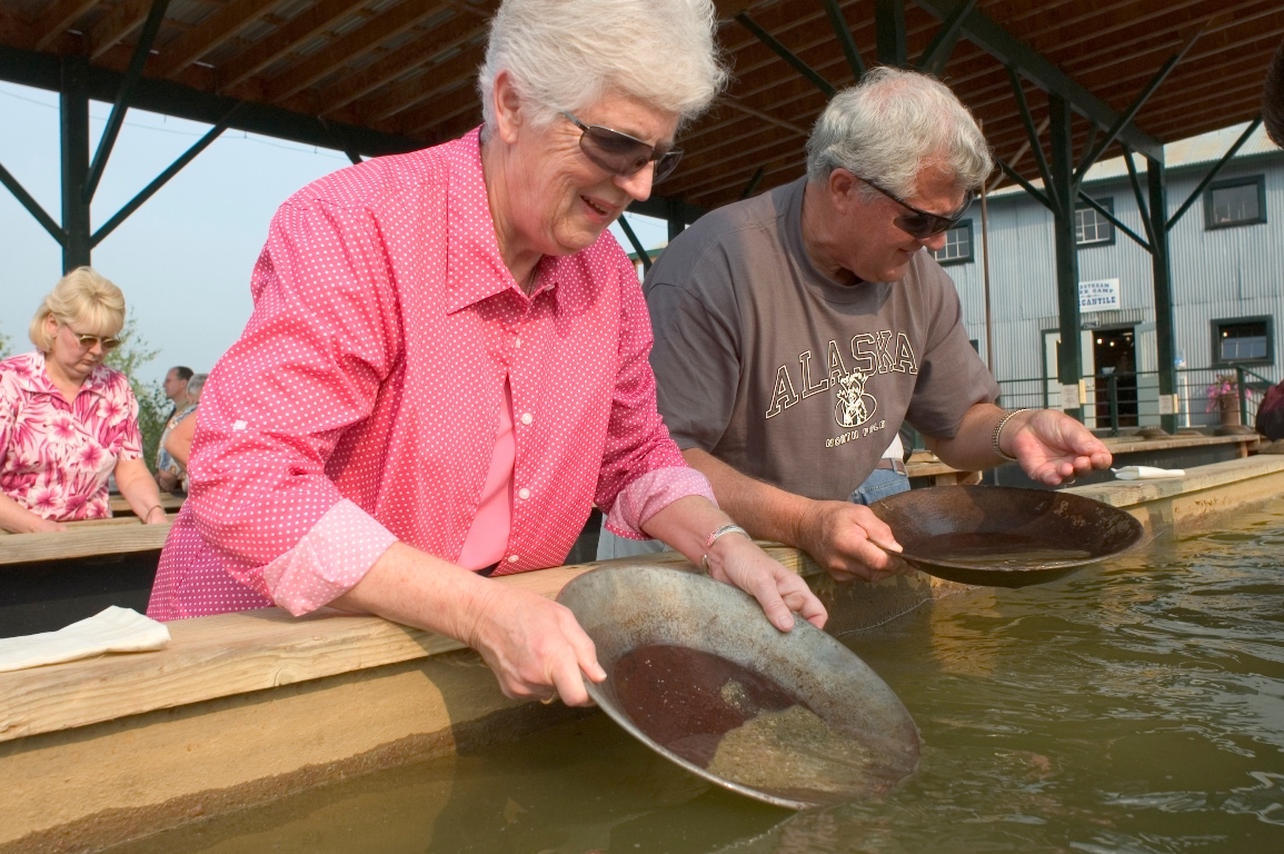 Gold panning at Gold Dredge No. 8 outside of Fairbanks, Alaska. The camp is one of the most visited mining tours in the state.